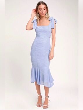 Lulus Bimini Periwinkle Blue Swiss Dot Tie-Strap Midi Dress S